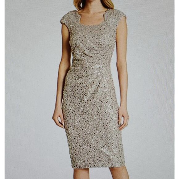 Tahari ASL Women’s Size 12 Sheath Dress Silver Sequin Lace Cap Sleeve Ruched - Picture 1 of 9